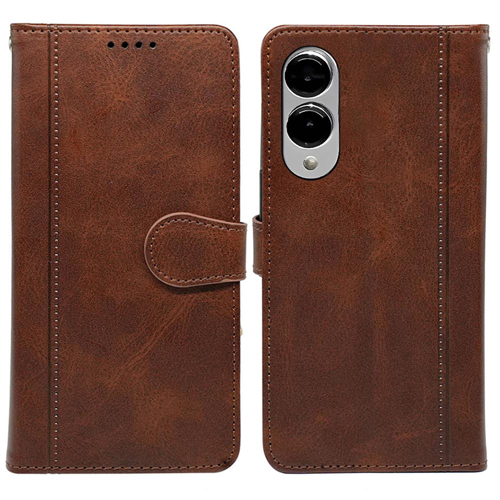 

For Samsung Galaxy S25 Edge Case Calf Texture Leather Stand Book Style Phone Cover Brown