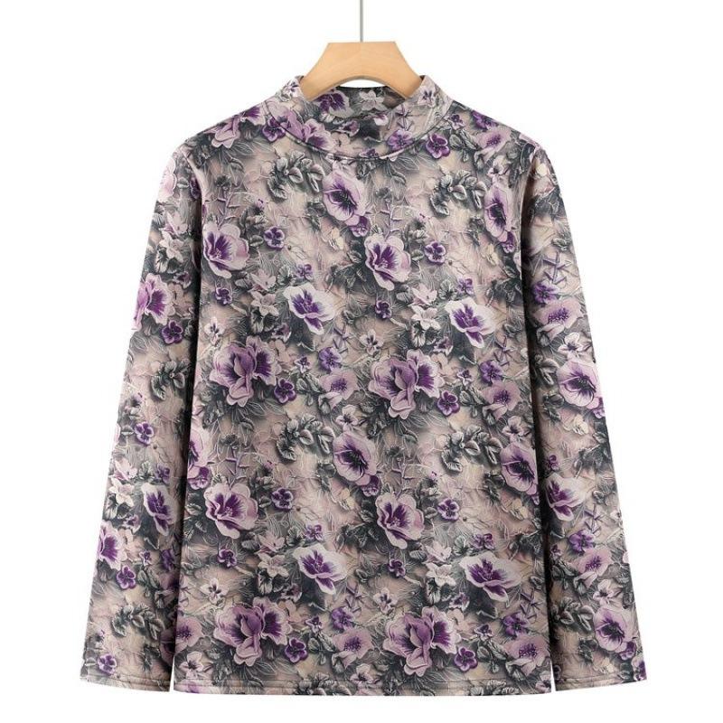 Autumn and Winter Long-sleeved Semi-turtleneck German Velvet Bottoming Shirt for the Elderly Velvet Underwear Floral Warm Autumn Clothes