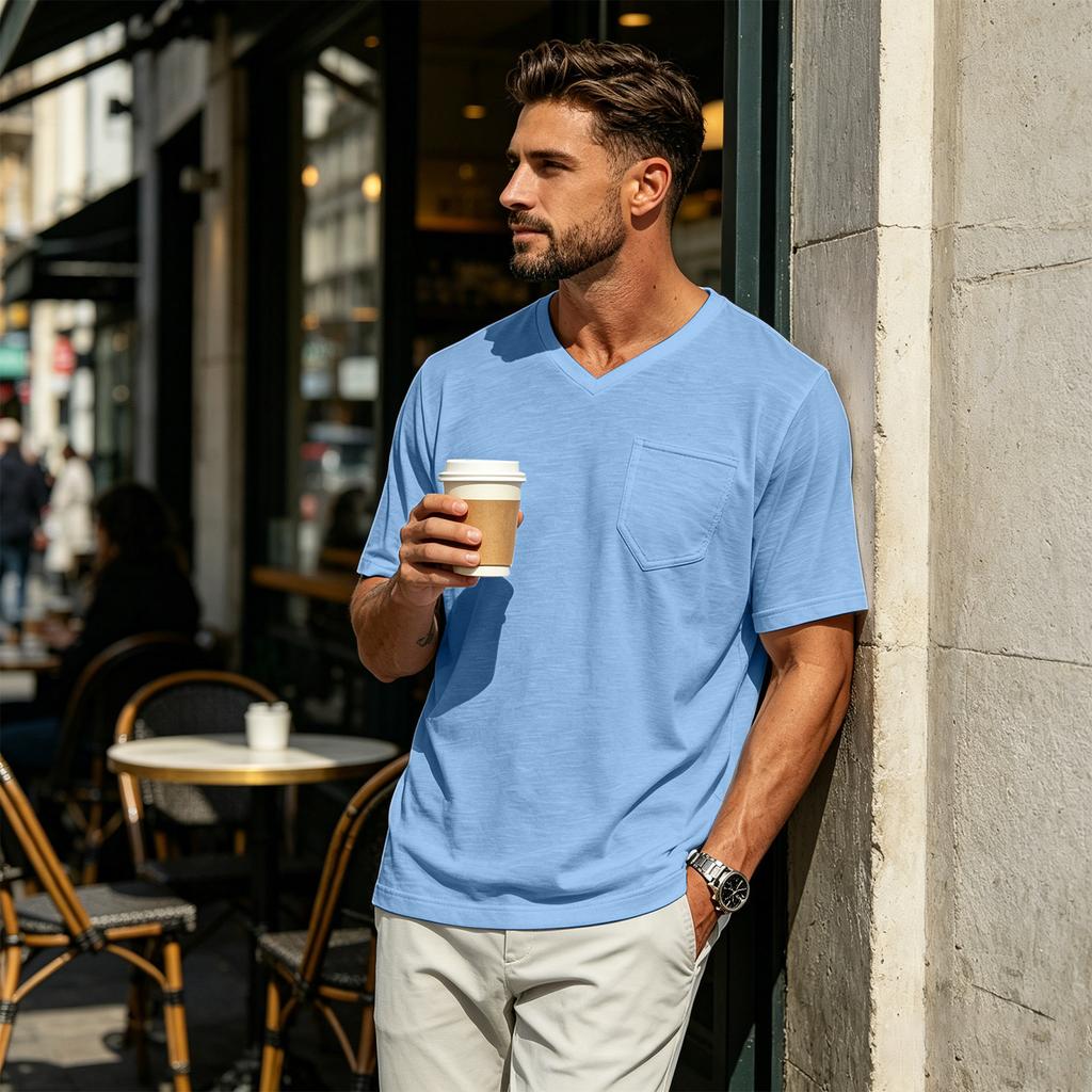 Herren Freizeit Hemd mit V-Ausschnitt, Leicht, Atmungsaktiv, Kurzen Ärmeln, Brusttasche, Weichem Stoff, Bequemer Passform, Sommer Top