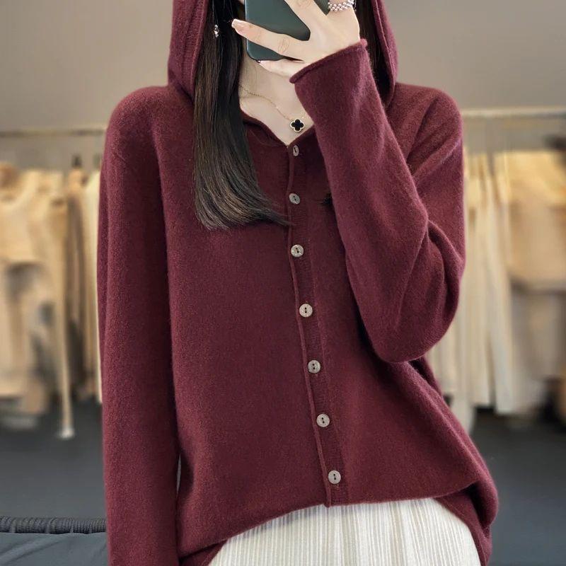 First Line 100% Merino Wool Knitted Cardigan Women's Autumn and Winter Hoodie Loose Sweater Fashionable Versatile Coat