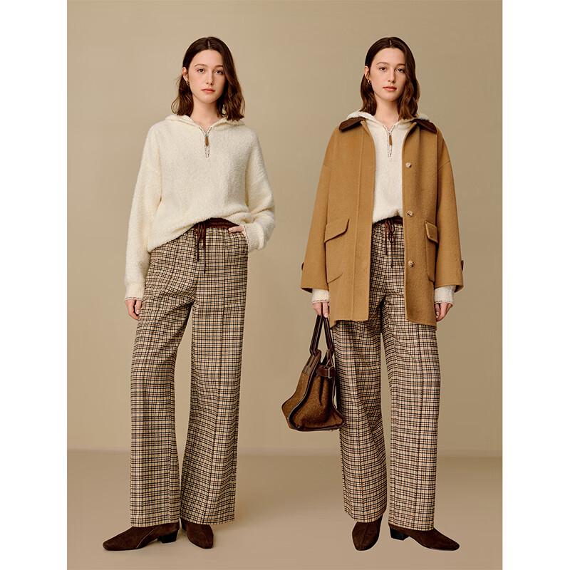 INMAN Women's Miu Series Plaid Wool Blend Wide-Leg Pants