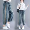Blugi harem albastru deschis, largi, cu elastic, tip capris, din denim, la modă