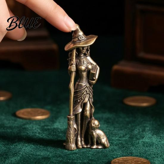 Gothic Tabletop Decoration Brass Witch Statue with Cat Vintage Metal Figurine Collectible Fantasy Retro Copper Tea Pet Halloween Desk Ornament