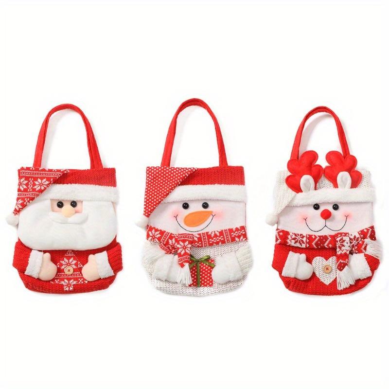 Christmas Gift Tote Bags Set of 3 Festive Cartoon Characters Santa, Snowman, Reindeer with Flip Hat Closure for Holiday Candy, Gifts