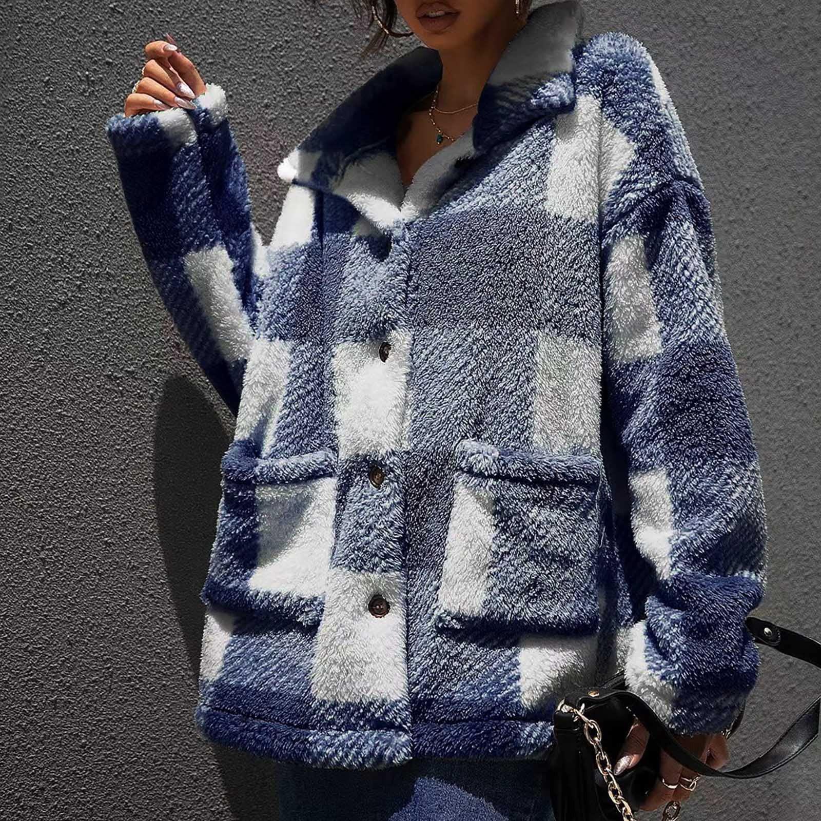 

Женская модная осенне-зимняя плюшевая клетчатая куртка с длинными рукавами и лацканами XL светло-синий
