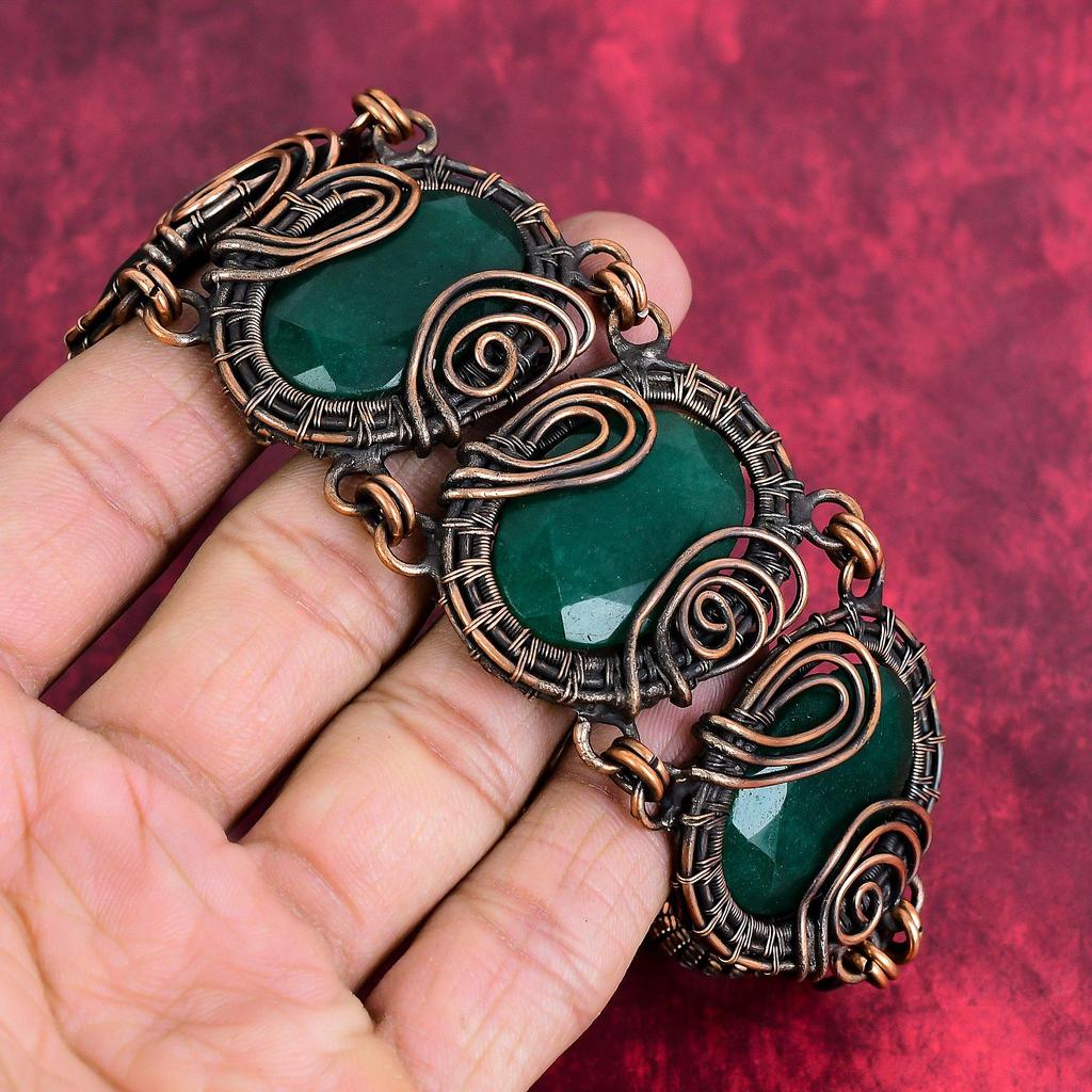 Faceted zambian emerald bracelet copper wire wrapped bracelet adjustable chain bracelet copper gemstone jewelry handmade bracelet for gifts