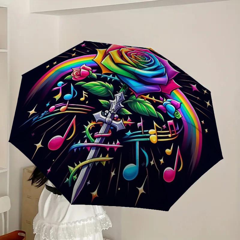 1pc Rainbow Rose with Crown and Music Notes Umbrella with Plastic Handle,Suitable for All Seasons Home Travel Outdoor UmbrellaDD1796