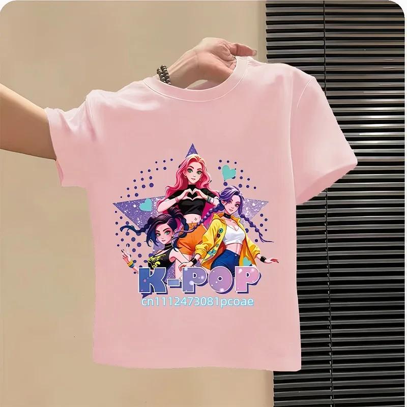 Summer Kpop Popular Cartoon Print Childrens Design Casual Harajuku Style Round Neck Short Sleeved Top Fans Gifts Kids Clothes