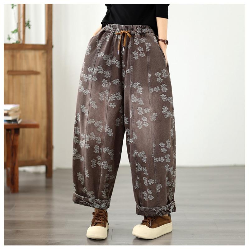 DIMANAF 2026 Autumn Winter New Plus Size Women Jeans Long Pants Floral Print Elastic Waist Loose Casual Denim Cotton Thick Trousers Vintage Lady