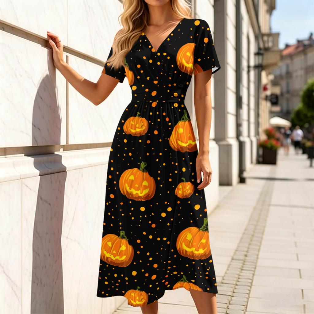 Women's V-Neck Short Sleeve Halloween Print Casual Dress for Halloween Party
