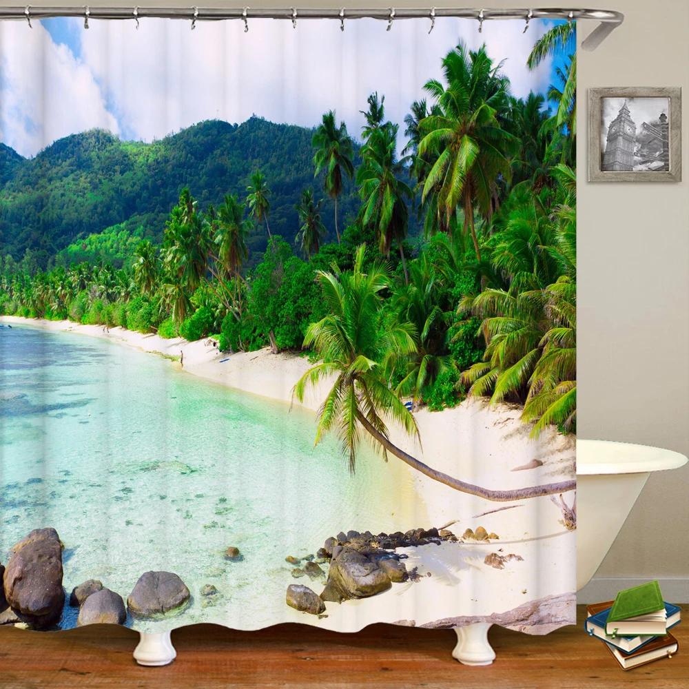 Beach Shower Curtain Waterproof Home Decoration Curtain 3D Palm Tree Seaside Beach Landscape Printed With Hooks Bathroom Curtain