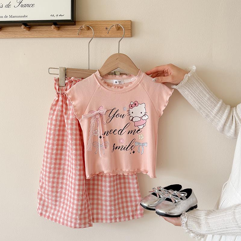 Girls Summer Princess Outfit Cute Cartoon Print Short Sleeve T Shirt And Plaid Shorts Two Piece Set Kids Clothing