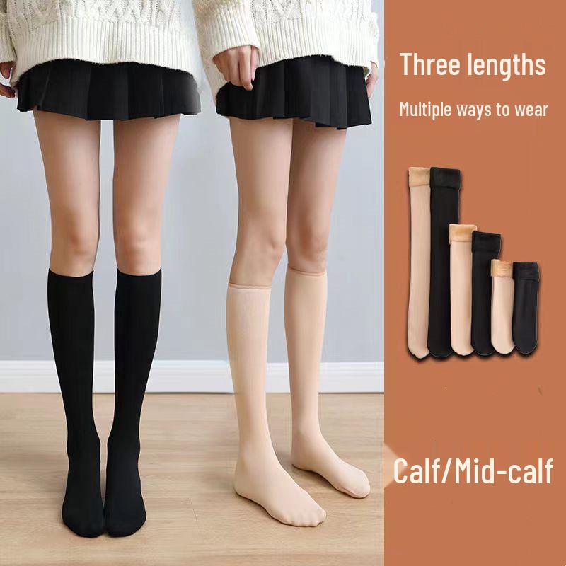 Women's Flesh-Colored Fleece Mid-Calf and Over-the-Knee Socks for Autumn/Winter: Thick, Warm, Wide-Leg, High-Top Snow Socks