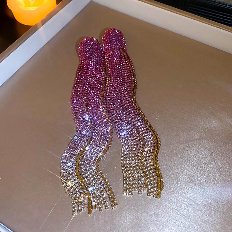 Glamorous Rhinestone Tassel Earrings - Geometric Design, Light Luxury, High-End Style for Women