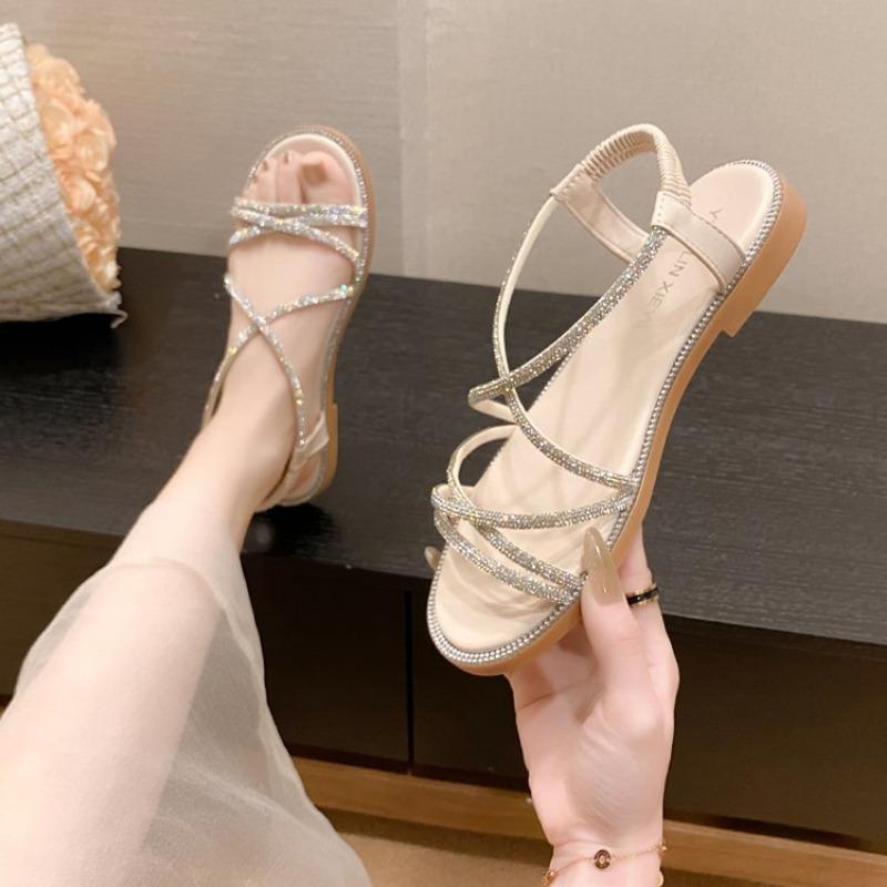 

Сандалии большого размера со стразами на плоской подошве, пляжная обувь с открытым носком и эластичной резинкой, шлепанцы 40 бежевый