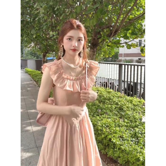 French Ruffle Leaf Edge Small Flying Sleeve Chiffon Dress Women's Spring and Summer New Korean Square Collar Temperament Pink Long Skirt