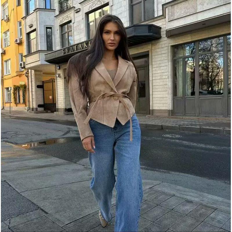 Za Export New Arrival Women's Clothing ZR Fashion Style French Fashion Minimalist Versatile Belt Lapel Short Outwear
