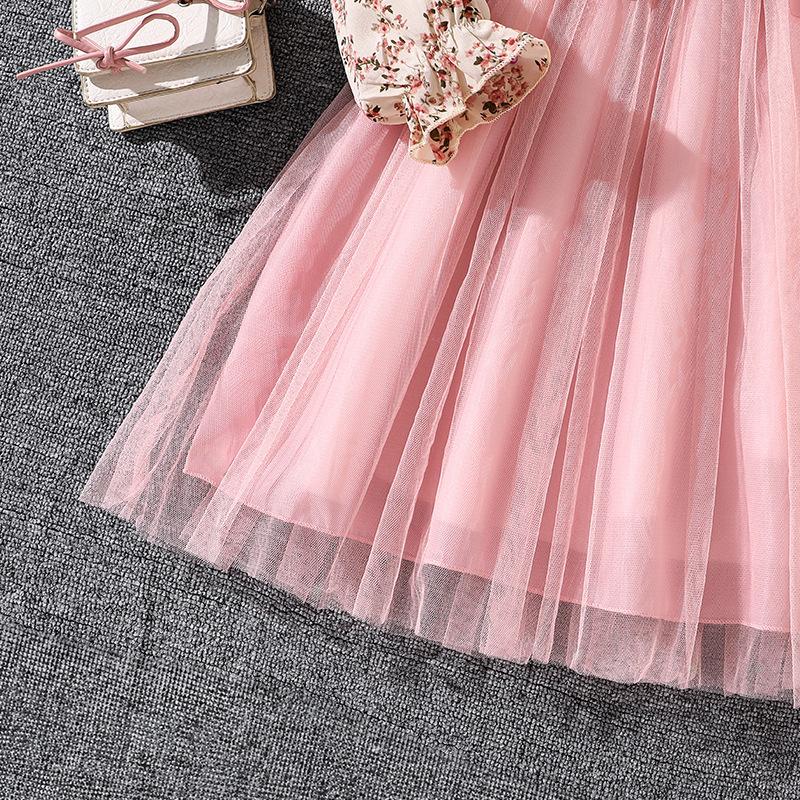 Mädchen Herbst Neu Langarm Blumendruck Taillenbetonendes Mesh Prinzessinnenkleid