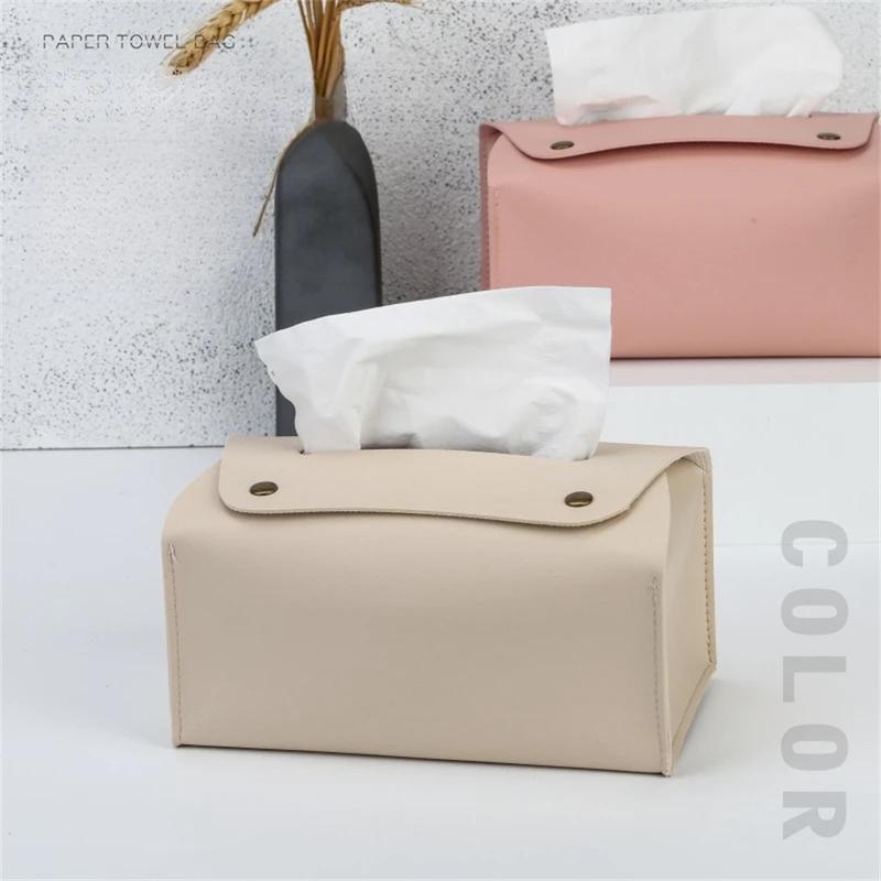 Simple Solid Color Tissue Box Household Table PU Leather Napkin Holder Waterproof Storage Sundries Case Car Paper Organizers Box