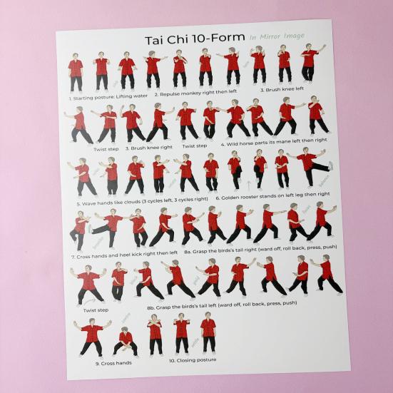 2Pcs Tai Chi Exercise Chart, 10 Form Mirror Image Poster, Move Guide for Beginners Seniors, Tai Chi Training Reference Wall Art