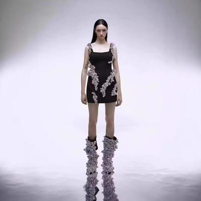 European & American Elegant Beaded Irregular Bandage Sling Dress, Plus Size, Spring/Summer Fashion