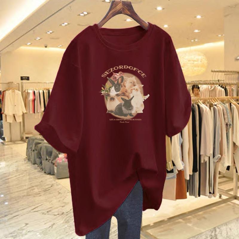 Pure Cotton Loose Printing Versatile Age-reducing T-shirt Large Size Cartoon Short-sleeved Women's New Medium and Long Models