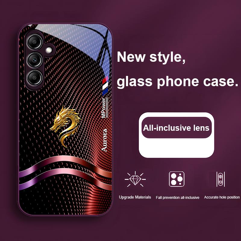 Glass Phone Case For Samsung Galaxy A01 A02 03 Core A04 A14 4G A13 A54 34 31 20 25 23 22 5G S21 Ultra S20 Blue Golden Dragon