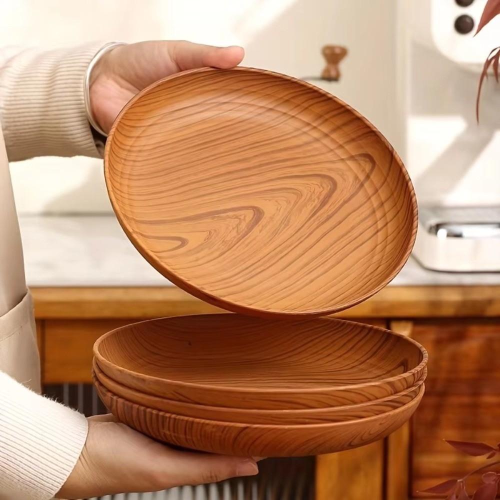 Kitchen Accessories Plastic Wood-Grain Round Tray Imitation Wood Multi-Purpose Serving Plate Dinner Plates Bread Pastries