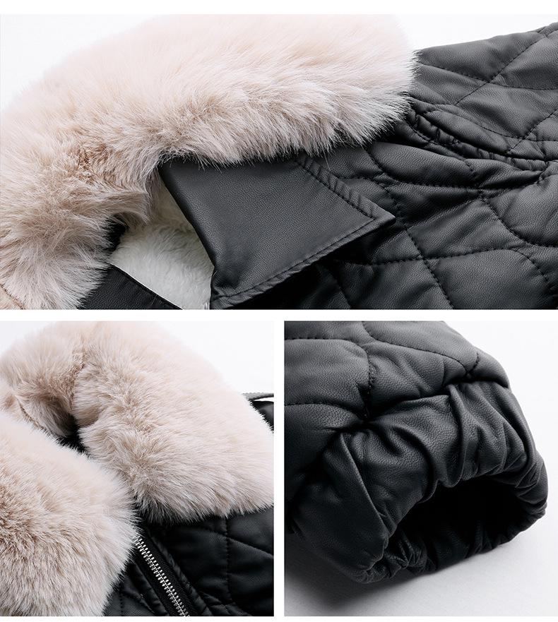 Women's Winter Korean Style PU Leather Coat with Fleece Lining and Fur Collar