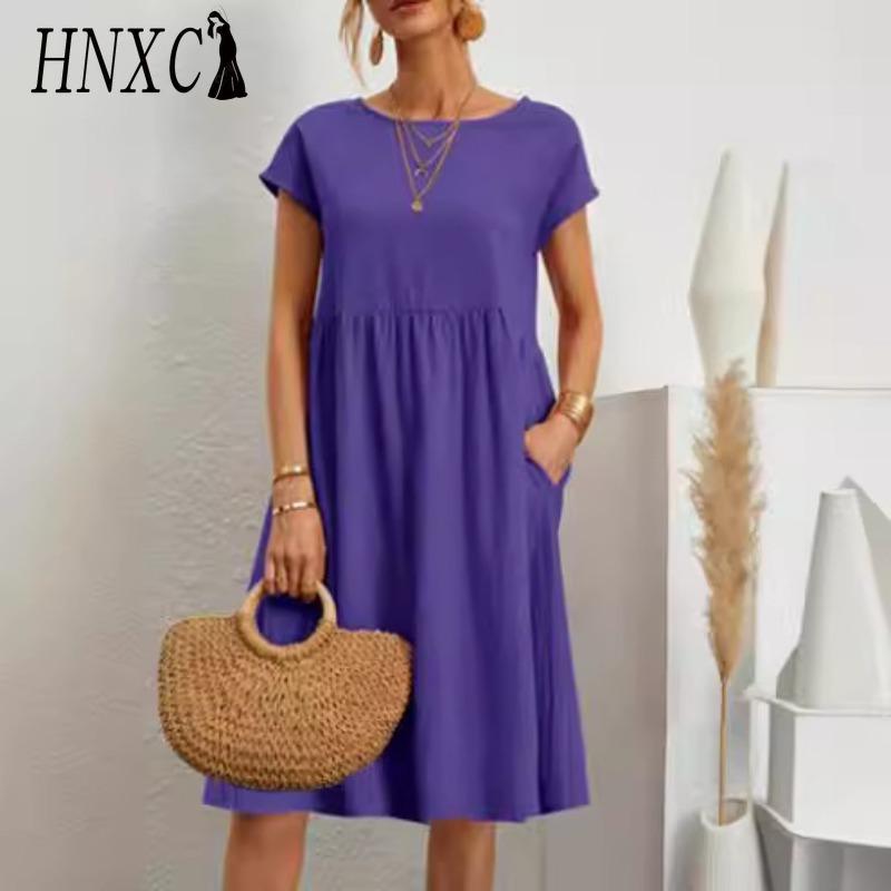 HNXC Women's Fashion Summer Spring Solid Color Print O-Neck High Waist Casual Dresses