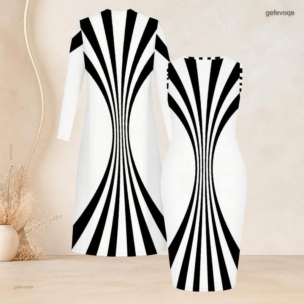 Women Plus Size Two Piece Set Long Sleeve Open Front Cardigan Sleeveless Bodycon Dress Black White Striped Printed