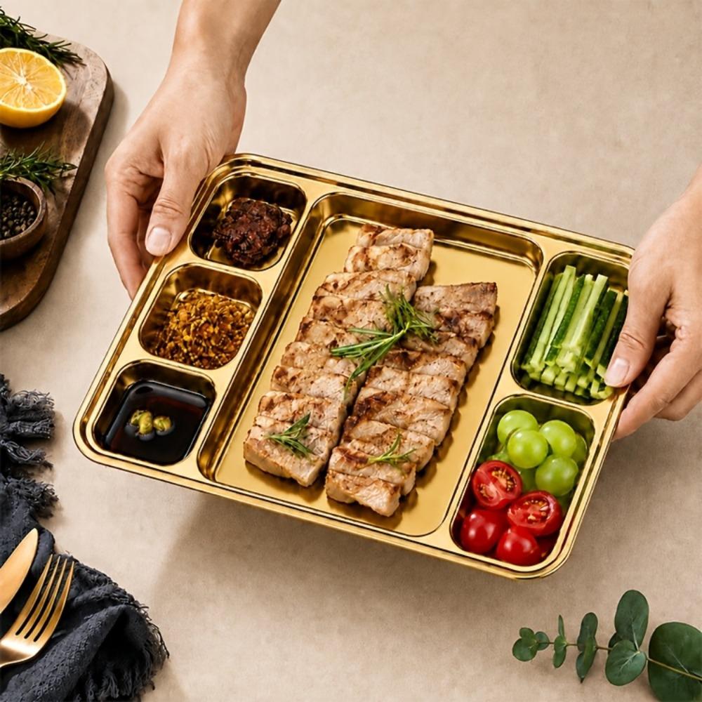 Multi-Compartment Stainless Steel Divided Meal Tray Rectangular Food Serving Plate Kitchen