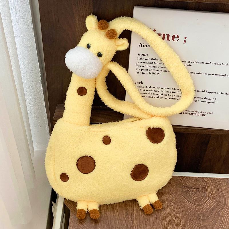 Girl Cute Giraffe Crossbody Bag  Female Cartoon Animal Plush Doll Shoulder Bag