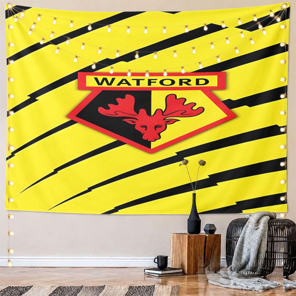 Watford FC Logo on Yellow Striped Background Pattern Wall Hanging Tapestry Decorative Tapestry Home Decor for Bedroom and Living Room