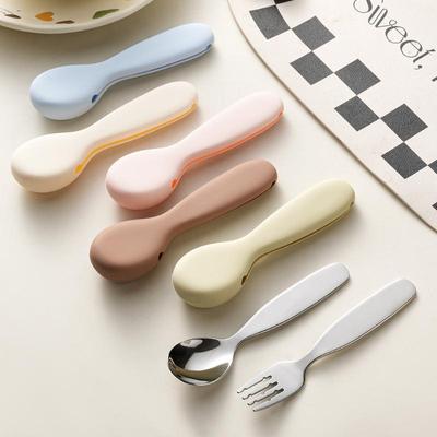 Stainless Steel Toddler Spoon And Fork Set Bpa Free Silicone Storage Cases For Kids Self Feeding Home Travel Use