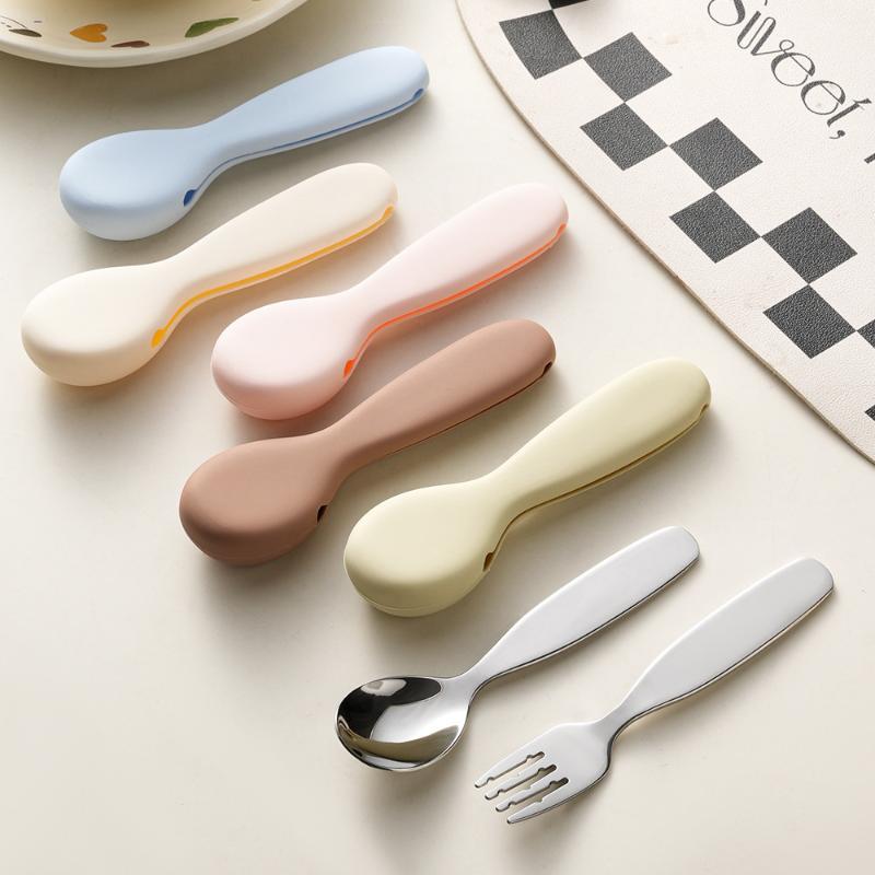 Food Safe Toddler Spoon and Fork Set Stainless Steel with Waterproof Silicone Storage Case for Kids School Lunch Use