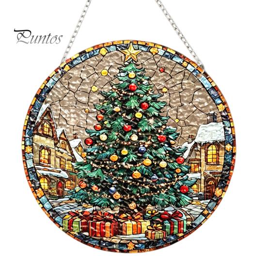 Leichtes Dekoratives Kunstobjekt Acryl-Fensteraufhänger im Buntglas-Stil, Lebensbaum & Winterwald Bunter Hängeornament Runder Sonnensammler