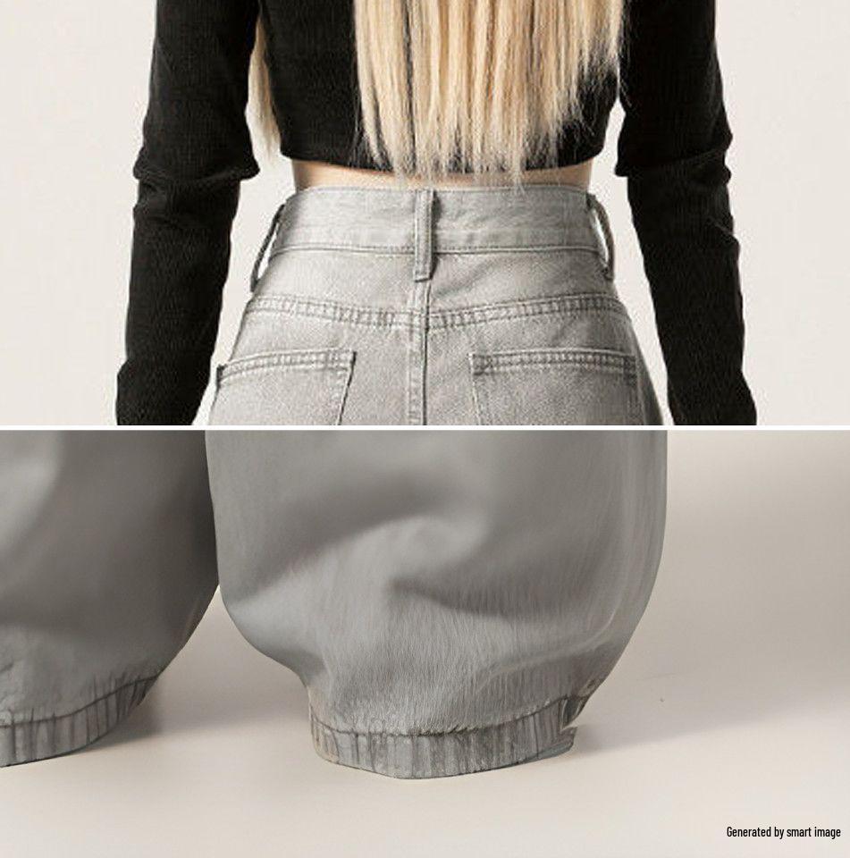 Women's High-Waisted Light Gray Wide-Leg Jeans - Autumn Collection, Floor-Length, Draped, Loose Fit