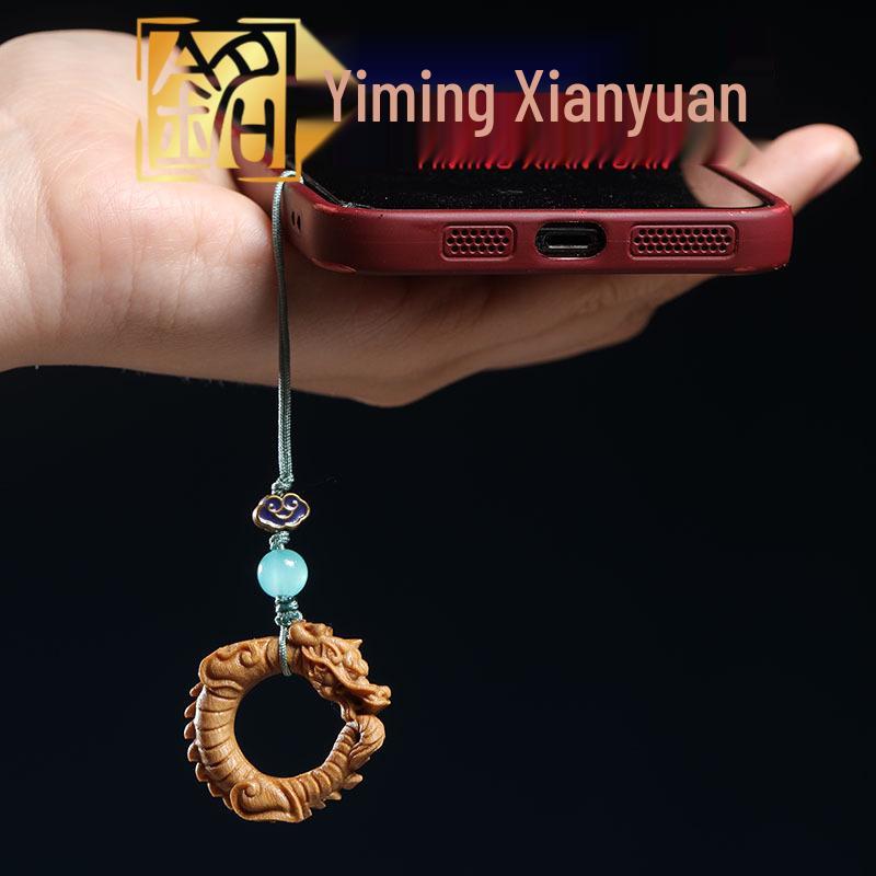 Red & Green Sandalwood Dragon Ring Phone Chain Pendant - Zodiac Dragon Backpack Charm