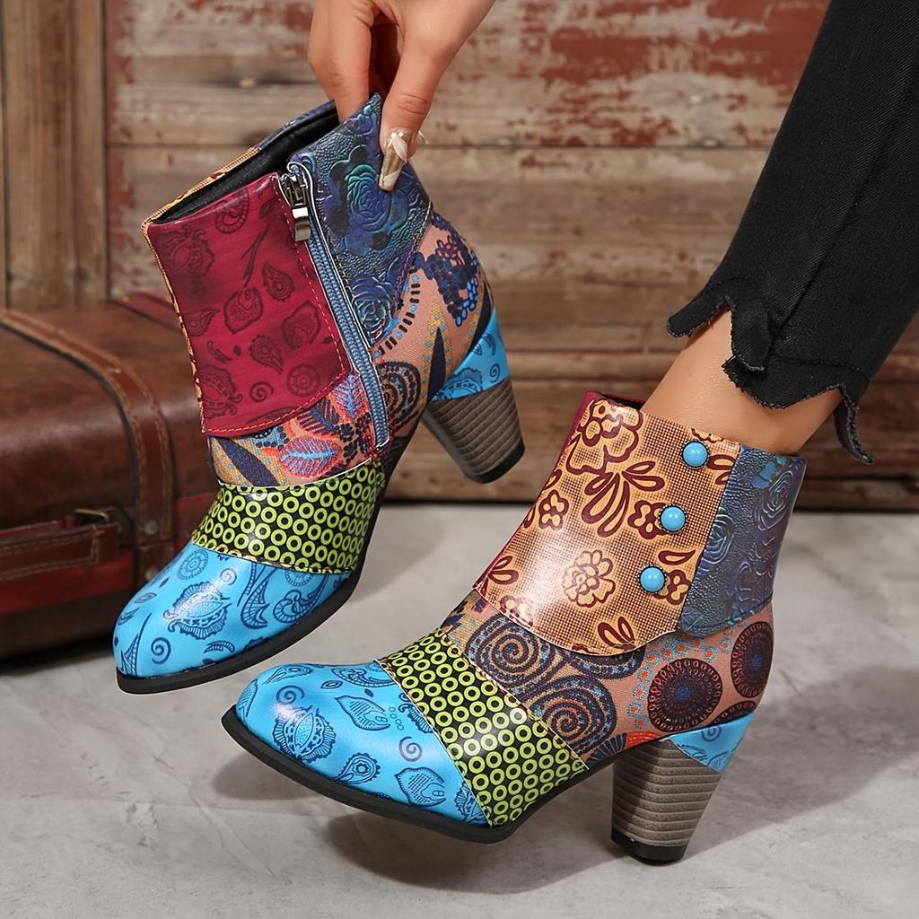 Stivaletti alla caviglia floreali chic per donna - Chiusura con cerniera laterale senza sforzo, comodo tacco spesso, versatili per tutte le occasioni