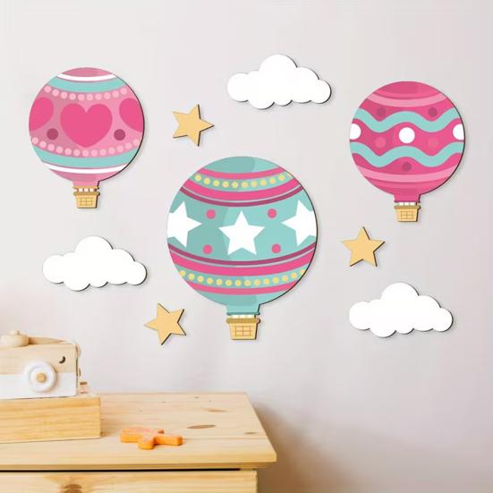 9 Pcs Hot Air Balloons Wall Art Star Cloud Balloons Nursery Wall Decor Boho Wooden Wall Sculpture for Kids Bedroom Playroom