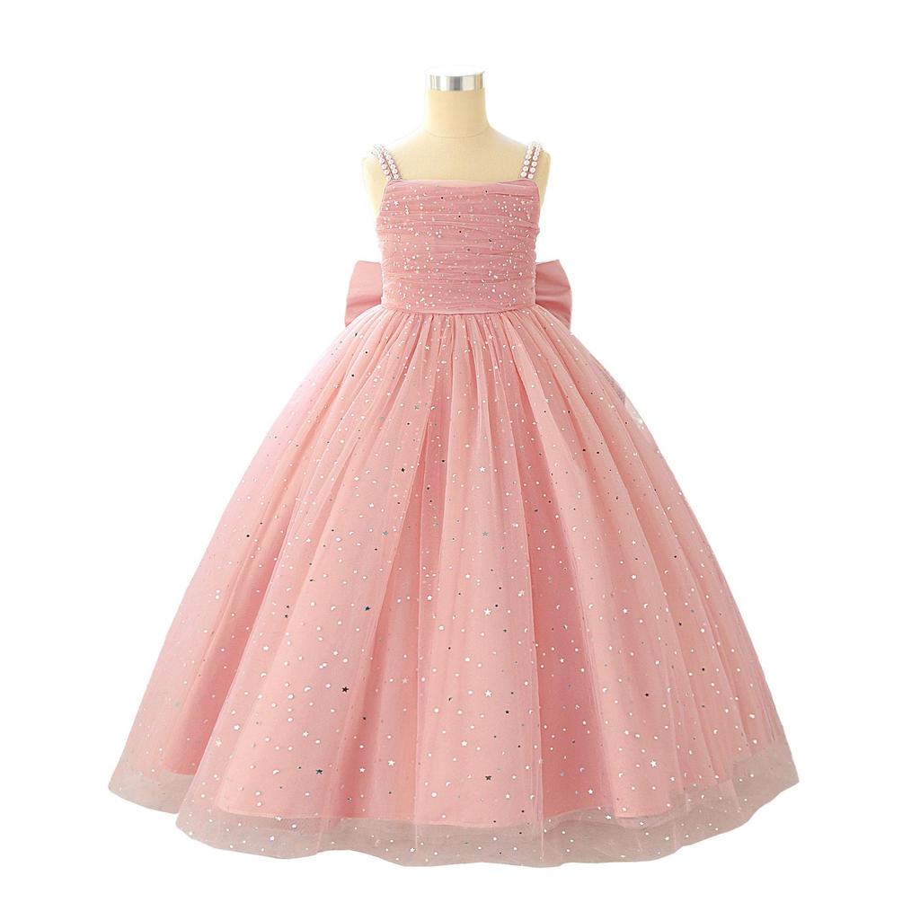 Children's Spaghetti Strap Sequin Flower Girl Dress - Puffy Tulle Skirt with Bow, Princess Gown for Weddings & Performances