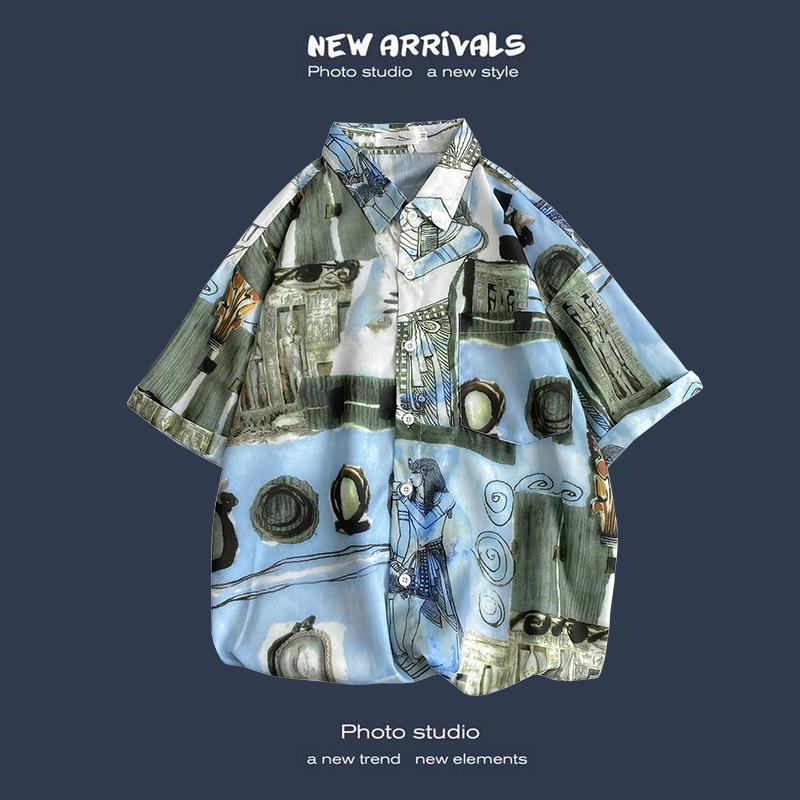 Letnia Koreańska Retro Kwiatowa Para Luźna Koszula z Krótkim Rękawem - Męski Modny Styl
