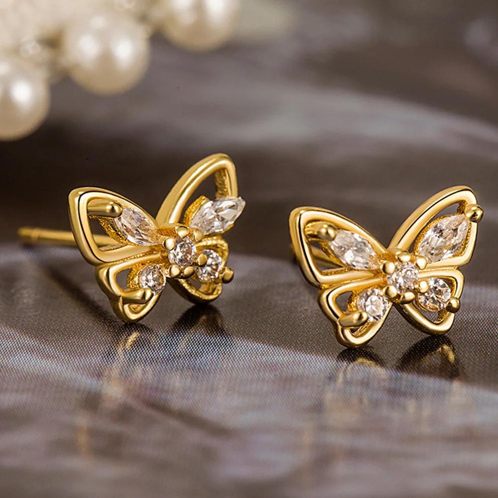 Fashion Female Earrings  Sterling Silver Butterfly Shaped Inlaid Cubic Zircon Earrings for Women  Girlfriend Gift
