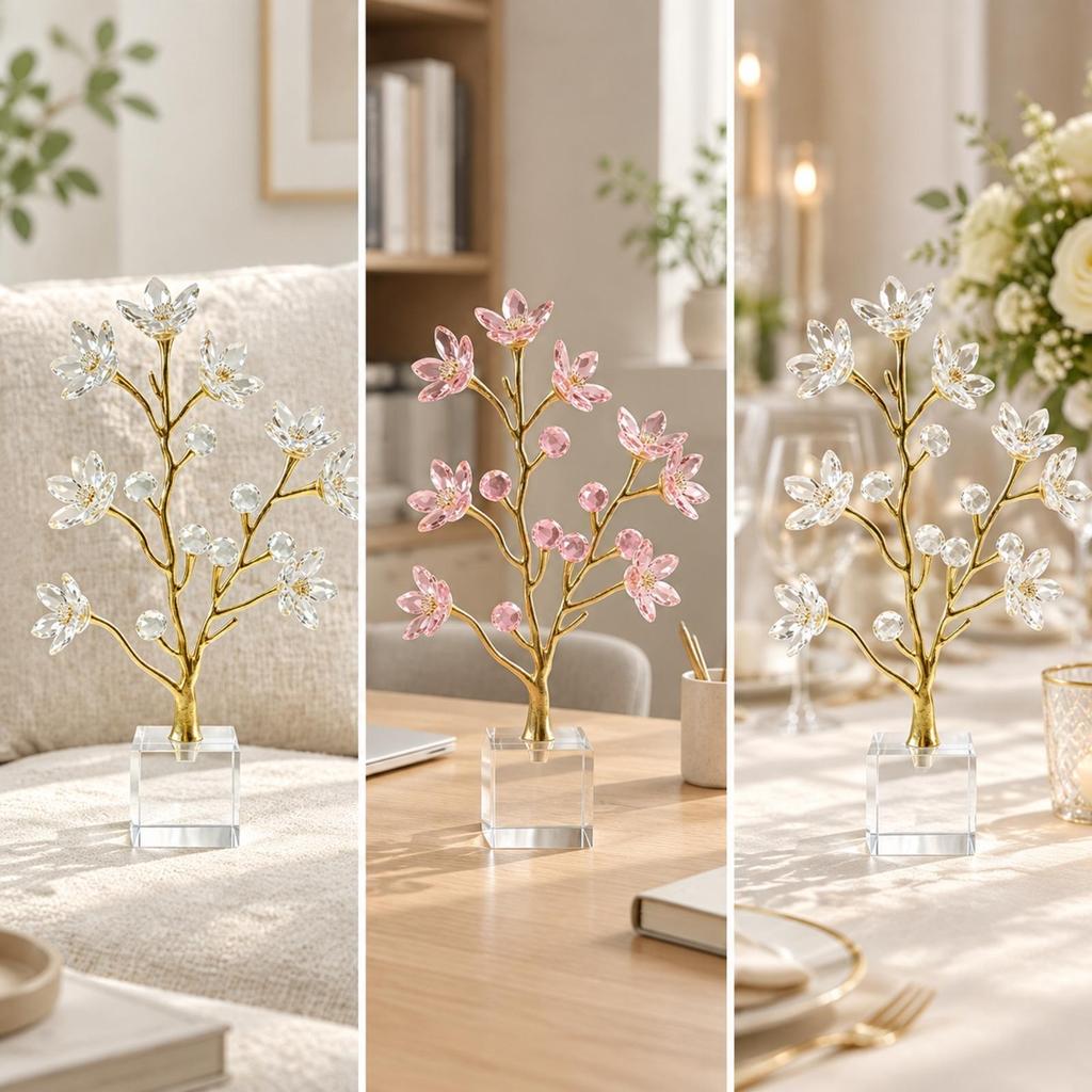 Crystal Blossom Tree Presentable Gold-Tone Metal with Square Base