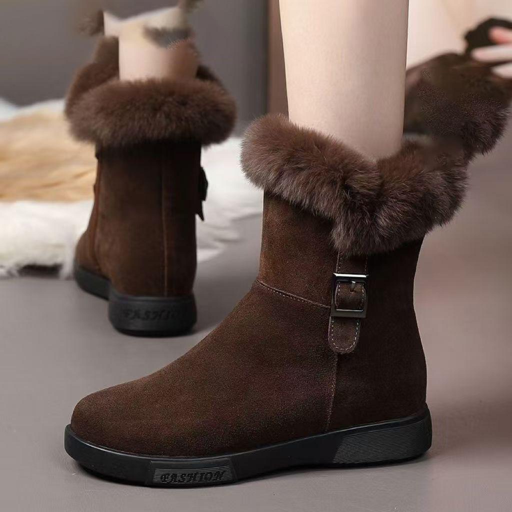 Damen Wintermode Leder Warme Schneestiefel mit Plüsch Dicken Sohlen Bequeme Rutschfeste Baumwollschuhe