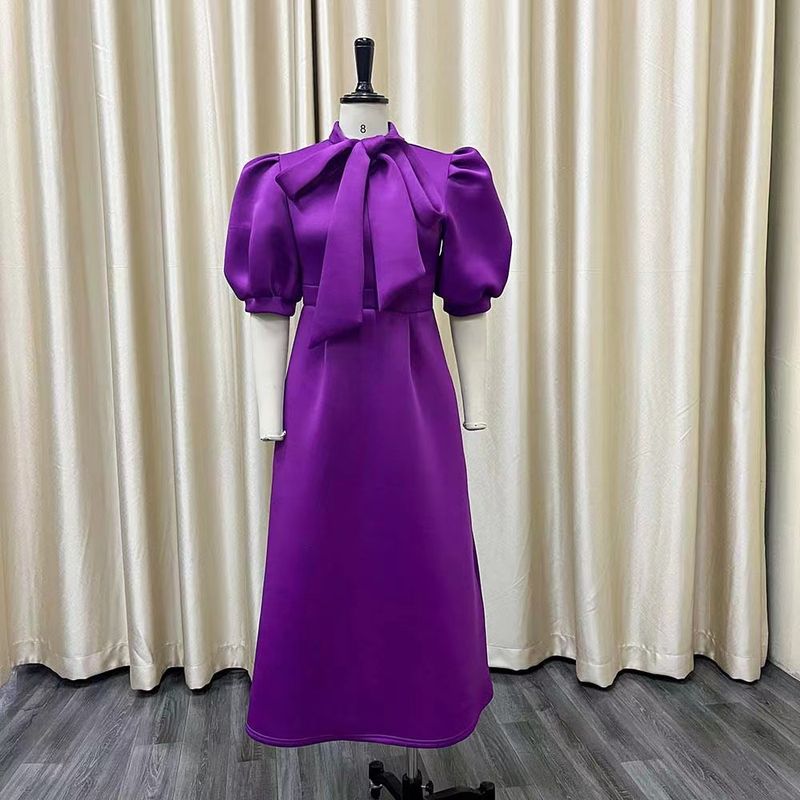 

Fashion Plus Size New Arrival Bows Pure Color Banquet Dress Short Sleeve Dress Bow Party Dress Purple S