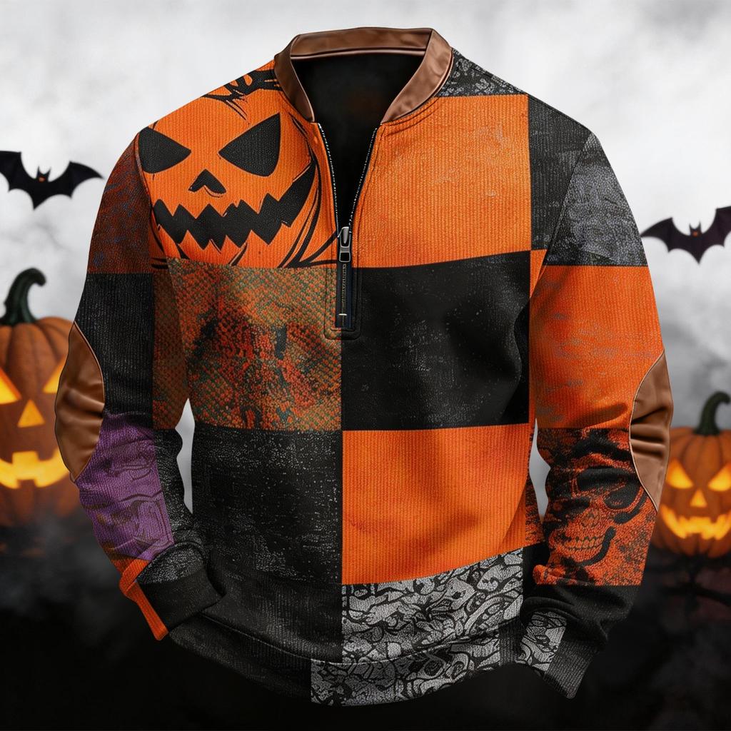 Men's Casual Retro Half Zip Long Sleeve Sweatshirt with Halloween Print