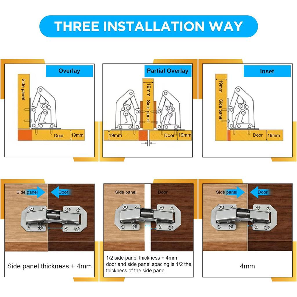3/4inch 90 Degree Cabinet Door Hinges Kitchen Concealed Hinges Cupboard Door Spring Buffer Hinges - No Slot Required 2-Pack