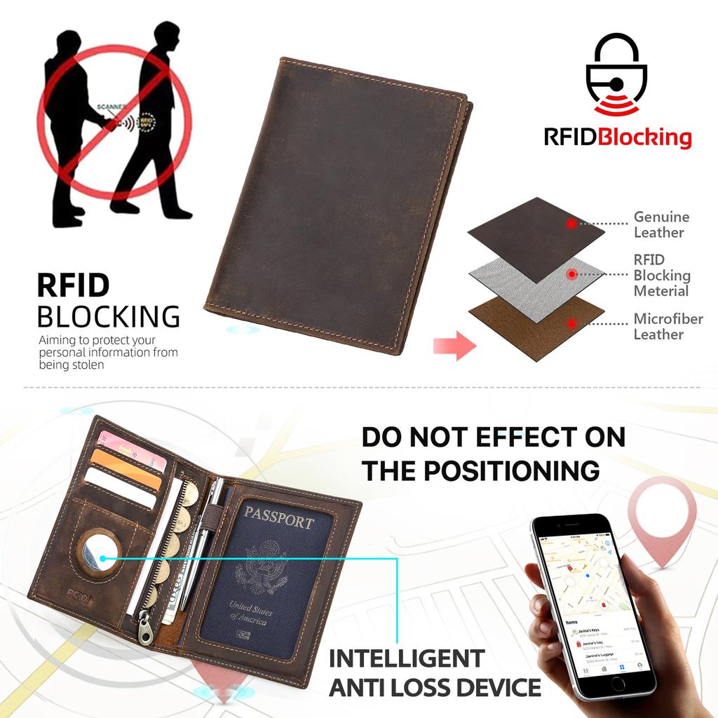 Genuine Leather Passport Wallet Passport Holder RFID Blocking Business Credit Card Holder Anti-lost Purse AirTag Slot